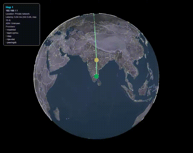 Animated demo of VisTracer running a traceroute with hop-by-hop globe animation